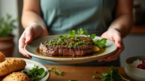 Create an image featuring a woman serving a dish of [Juicy Ribeye Steak with Chimichurri Sauce] . The image should showcase the main dish, cooked to perfection, and garnished with fresh herbs or complementary ingredients. Include simple and classic sides that enhance the main dish. The overall inviting.