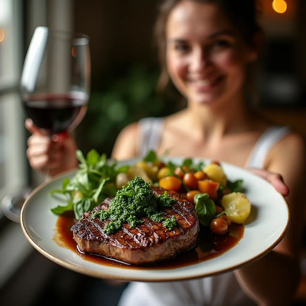 Juicy Ribeye Steak with Chimichurri SauceA carnivor