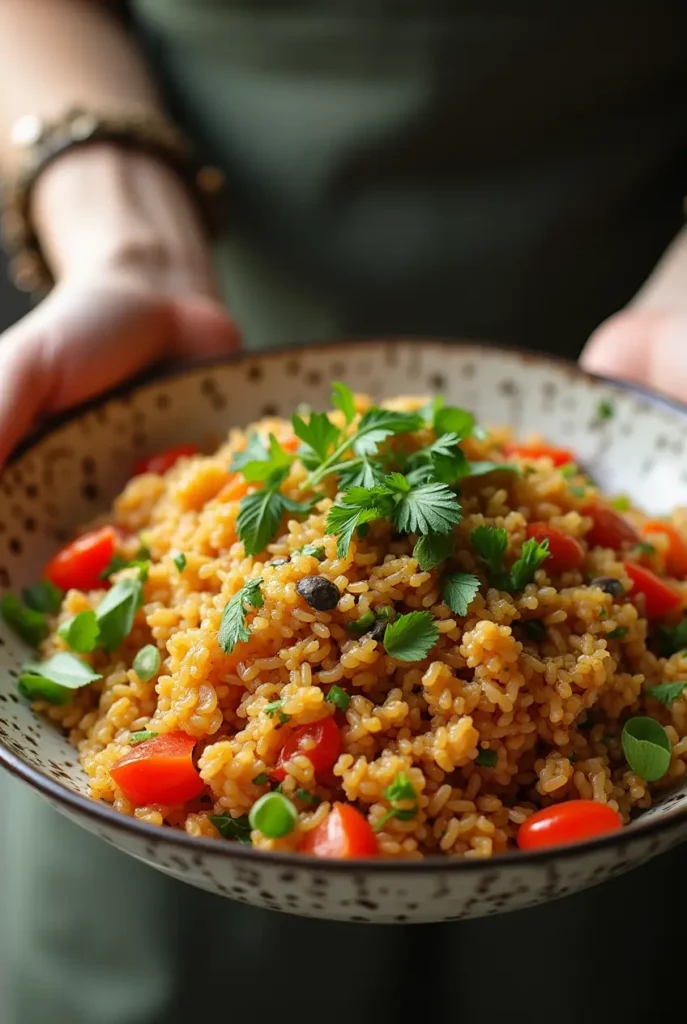 Southeast Asia Brown Rice Recipe with Vegetables cooking