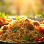 A simple and quick dish of fried rice with meat and vegetables