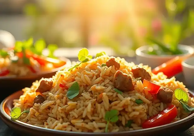 A simple and quick dish of fried rice with meat and vegetables