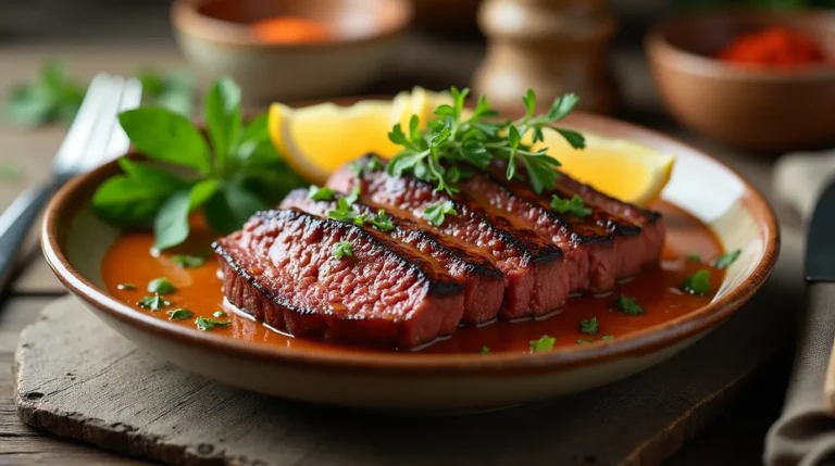 Create a high-resolution image showcasing a freshly prepared dish of [ Healthy beef recipes ], styled for a food blog. The dish should be served on a rustic wooden table with soft natural lighting. Include garnishes like fresh herbs or lemon slices to enhance visual appeal. Focus on vibrant, rich colors and textures that highlight the juiciness of the meat and the accompanying ingredients. The background should be blurred slightly with subtle props like a fork, knife, and a small bowl of spices to create a cozy and inviting atmosphere.